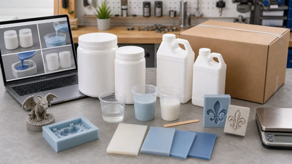 Unbranded mold-making silicone containers, sample molds, and tools arranged on a buyer guide workbench
