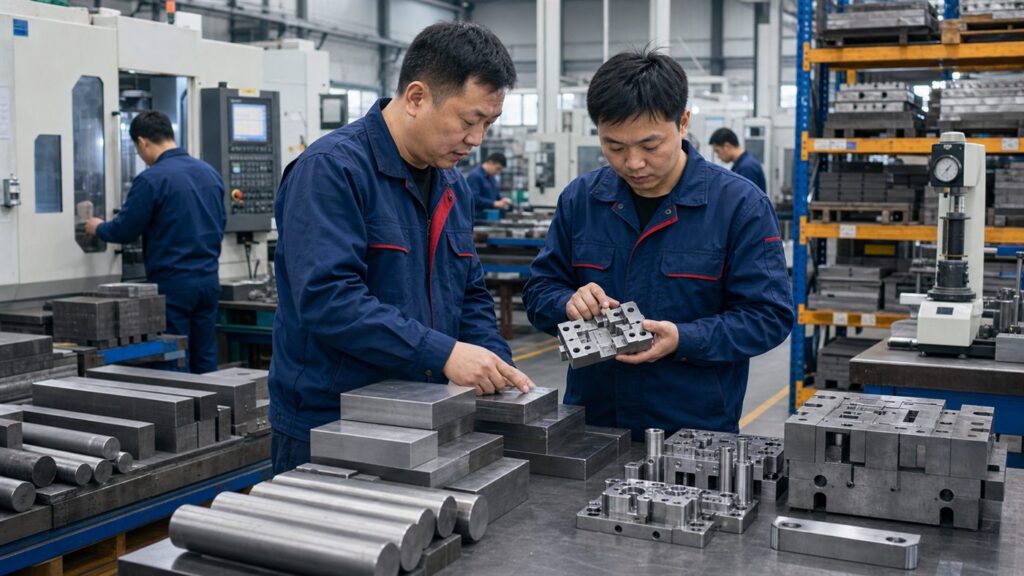 Chinese die factory quality engineer inspecting tool steel die material and machined die inserts