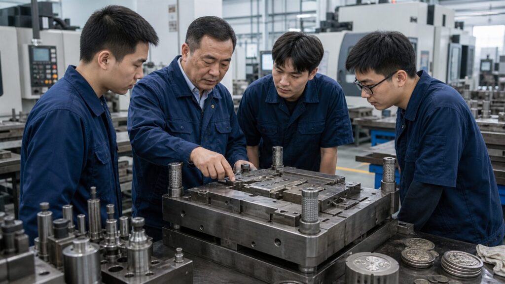 Chinese toolmaker explaining a hardened steel stamping die in a precision tooling workshop